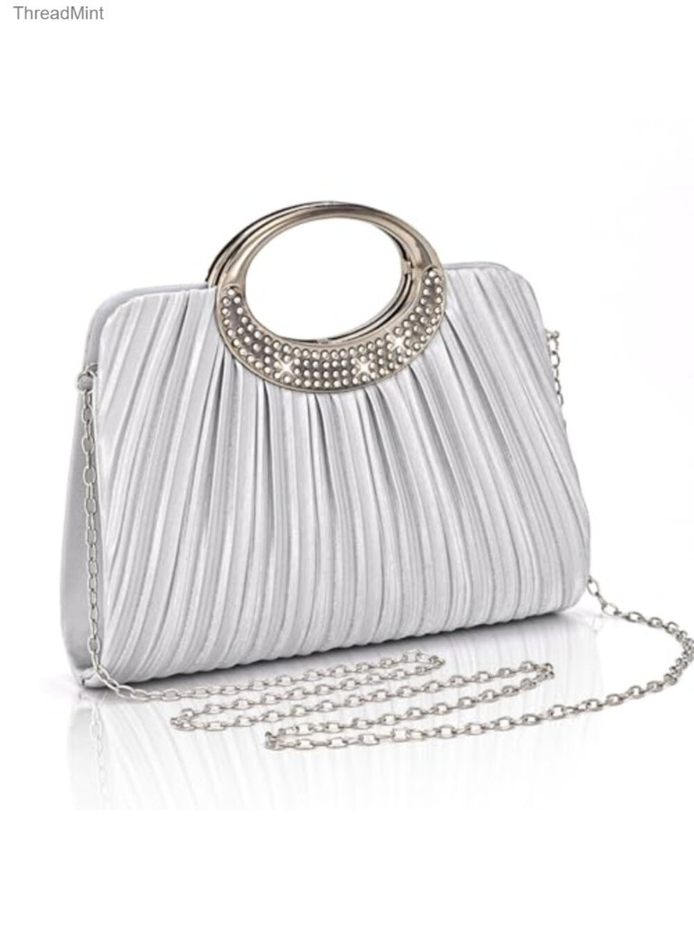 Silver Evening Clutch Satin Rhinestone Handle Convertible Chain Formal Wedding